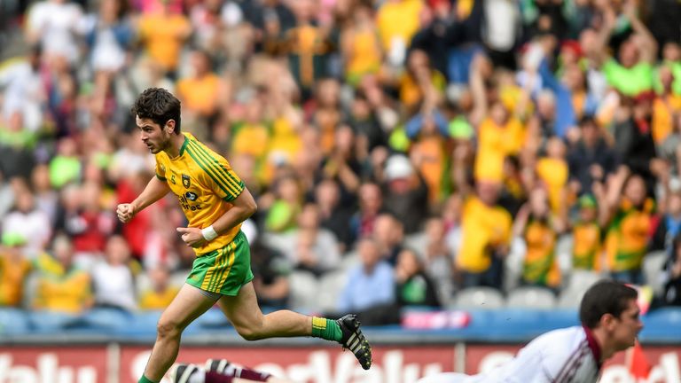 Donegal's Ryan McHugh celebrates scoring his side's second goal past Galway goalkeeper Brian O'Donoghue
