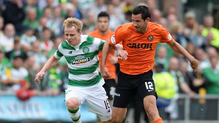 Celtic's Gary Mackay-Steven (left) tussles with Ryan McGowan of Dundee United