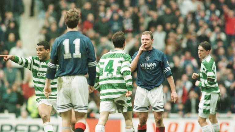 17 Mar 1996:  Paul Gascoigne of Rangers blows a kiss to Jackie Mcnamara of Celtic after a foul during the Rangers v Celtic Scottish Premiership match at Ib