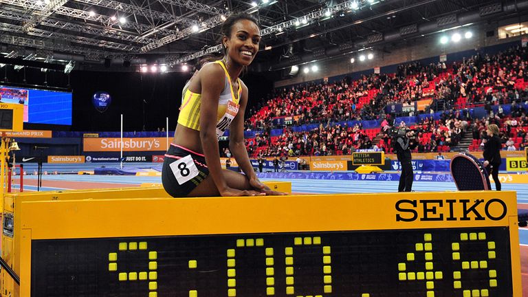 Ethiopia's Genzebe Dibaba after running a world record time in the women's two miles during the British Athletics Indoor Grand Prix in Birmingham