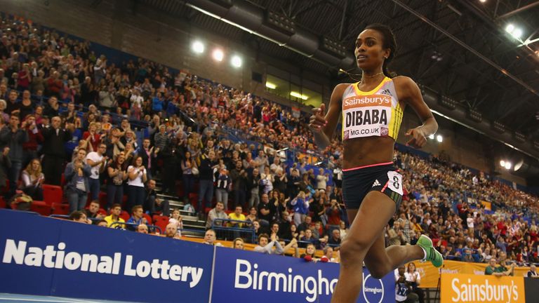 Genzebe Dibaba of Ethiopia on her way to setting a new world record in the women's two mile during the Sainsbury's Indoor Grand Prix in Birmingham