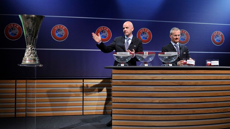 NYON, SWITZERLAND - JUNE 24:  Gianni Infantino, UEFA General Secretary, and Giorgio Marchetti, UEFA Competition Director, proceed to the UEFA Europa League