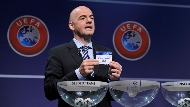 NYON, SWITZERLAND - JUNE 24:  Gianni Infantino, UEFA General Secretary, shows the name FC BATE Borisov during the UEFA Champions League Q2 qualifying round