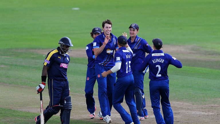 Gloucestershire celebrate after removing Michael Carberry for a duck at Bristol