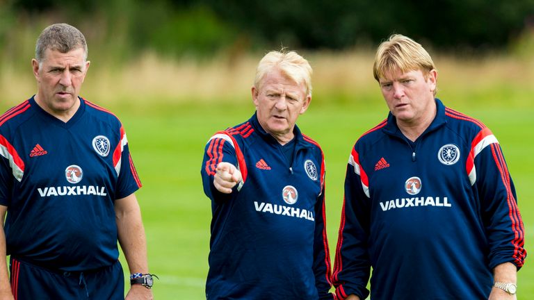 Scotland manager Gordon Strachan (middle) joins Stuart McCall (right) and Mark McGhee at training ahead of the clash with Georgia .