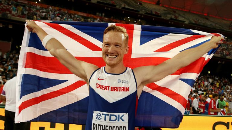 BEIJING, CHINA - AUGUST 25:  Greg Rutherford of Great Britain celebrates after winning gold in the Men's Long Jump final during day four of the 15th IAAF W