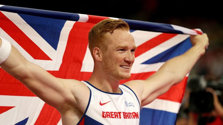 BEIJING, CHINA - AUGUST 25:  Greg Rutherford of Great Britain celebrates after winning gold in the Men's Long Jump final during day four of the 15th IAAF W