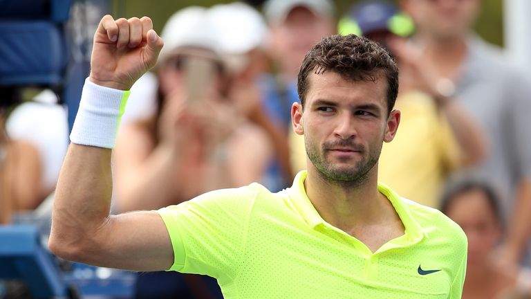 Grigor Dimitrov reacts after defeating Matthew Ebden of Australia at the US Open.