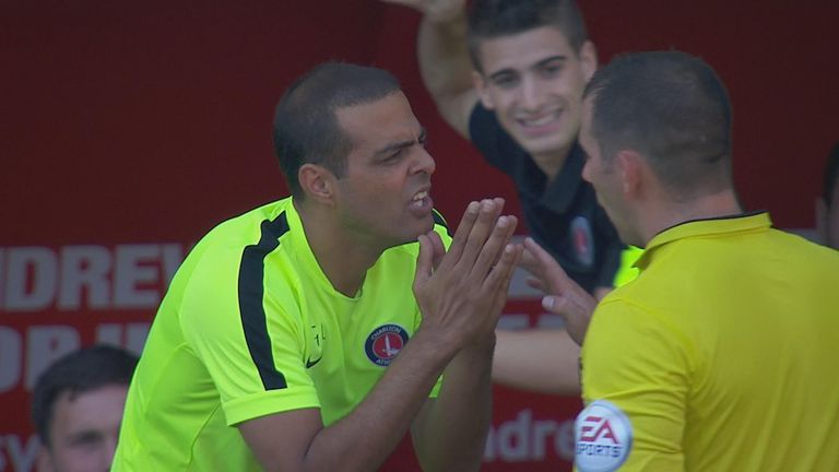 Charlton boss Guy Luzon pleads with the officials after being sent to the stands for celebrating a last-minute winner against Hull with his players