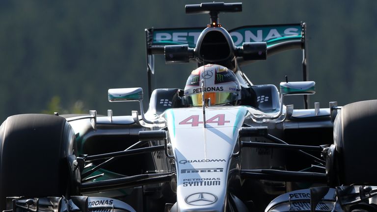 Lewis Hamilton runs the new Mercedes rear-wing on his W06