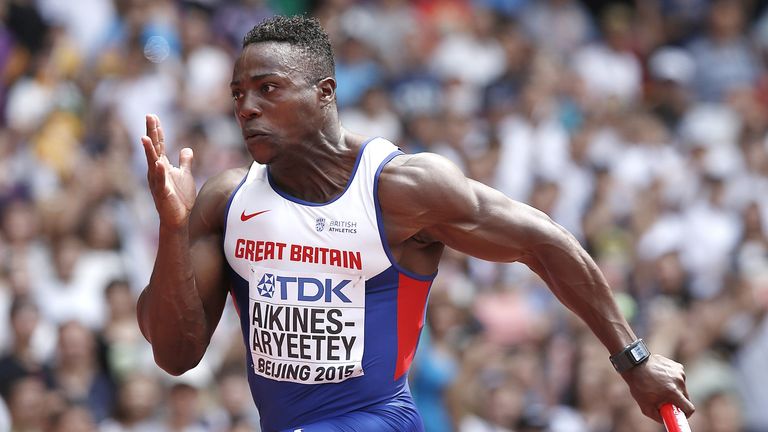 Britain's Harry Aikines-Aryeetey competes in the qualifying round of the men's 4x100 metres relay