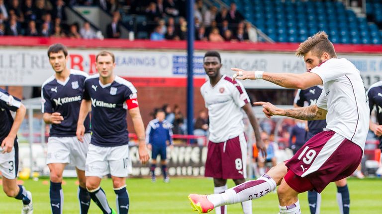 Juanma Delgado (2nd from right) slots the ball home from the penalty spot to equalise for Hearts