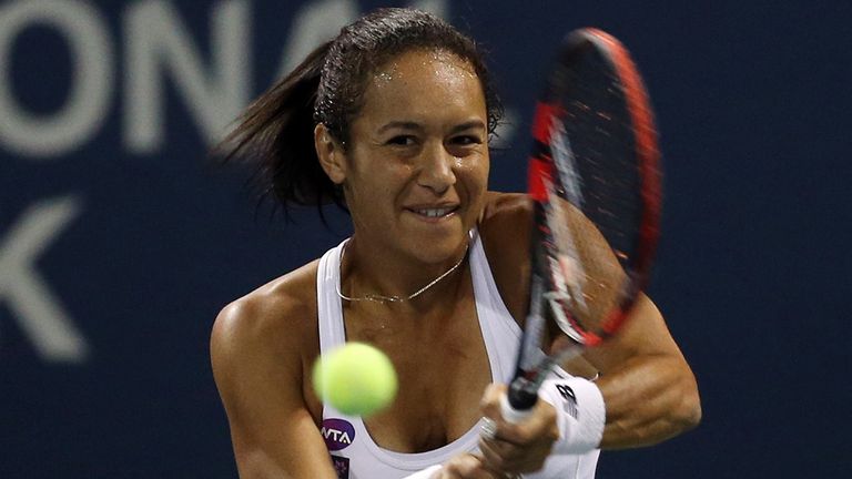 Heather Watson of Great Britain plays a shot against Irina Falconi of the USA during Day 2 of the Rogers Cup in Toronto
