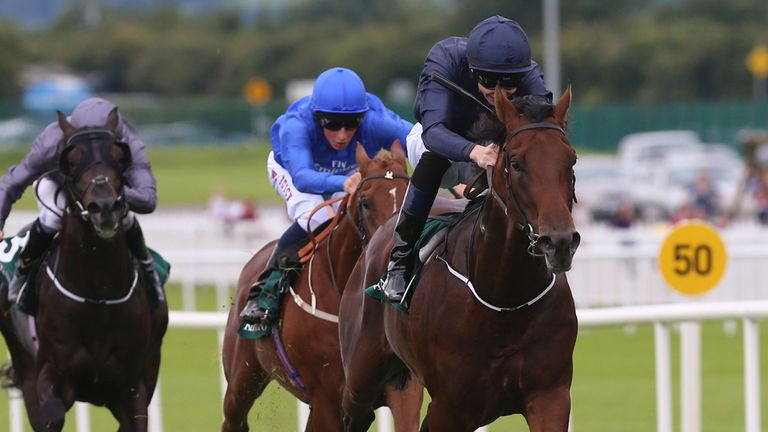 Air Force Blue ridden by Joseph O'Brien (right) wins The Keeneland Phoenix Stakes during the Keeneland Family Raceday meeting at The Curragh Racecourse, Ki