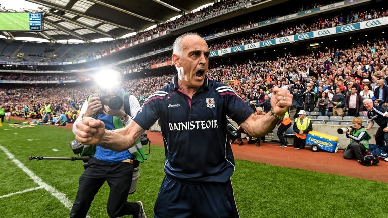 Galway manager Anthony Cunningham celebrates his side's victory at the final whistle. 