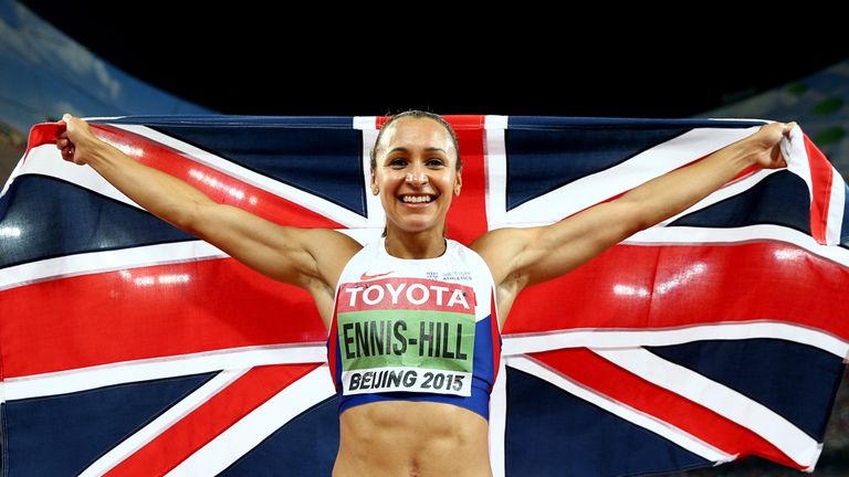 Jessica Ennis-Hill of Great Britain celebrates after winning the Women's Heptathlon