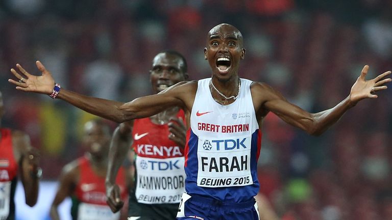 Mohamed Farah of Great Britain wins gold in the Men's 10000 metres final during day one of the 15th IAAF World Athletics Championships