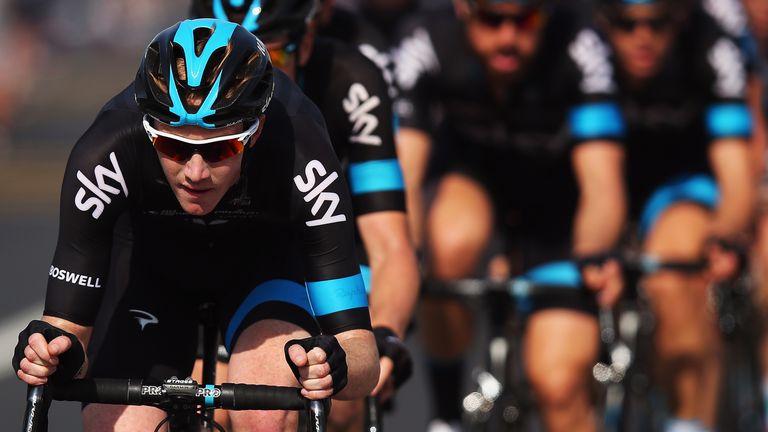 Ian Boswell of Team SKY rides at the front of the peloton near the end of stage one of the Dubai Tour 