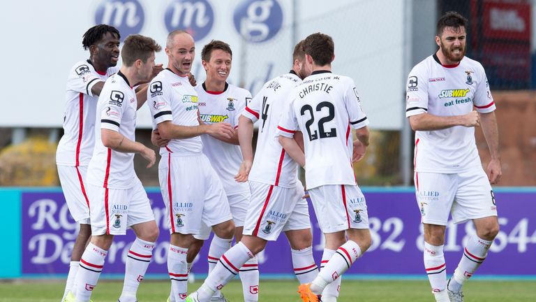 Inverness CT's David Raven (third left) celebrates his goal at Dundee with his team-mates