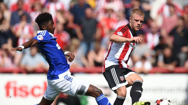Jake Bidwell of Brentford and Ainsley Maitland-Niles of Ipswich Town in action
