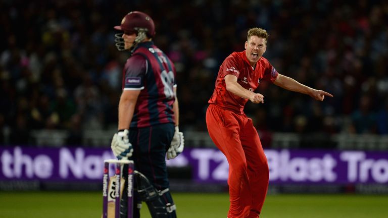 James Faulkner of Lancashire celebrates dismissing Richard Levi of Northamptonshire during the NatWest T20 Blast Final at Edgbaston