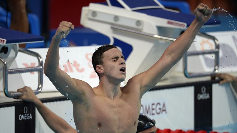 James Guy celebrates his 200m freestyle victory