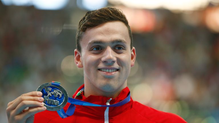 Silver medalist James Guy of Great Britain during the medal ceremony for the in the Men's 400m Freestyle Final swimming