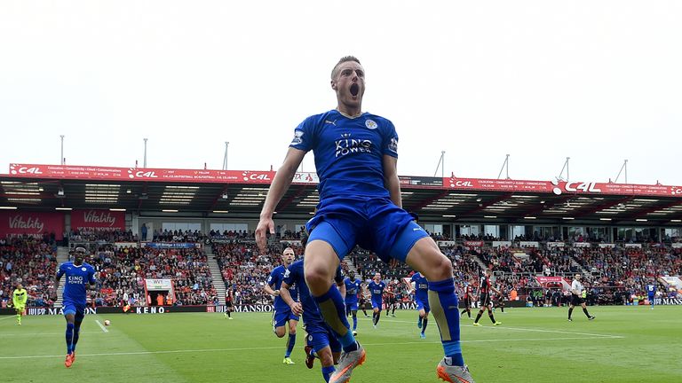 Jamie Vardy celebrates his late equaliser for Leicester City at Bournemouth