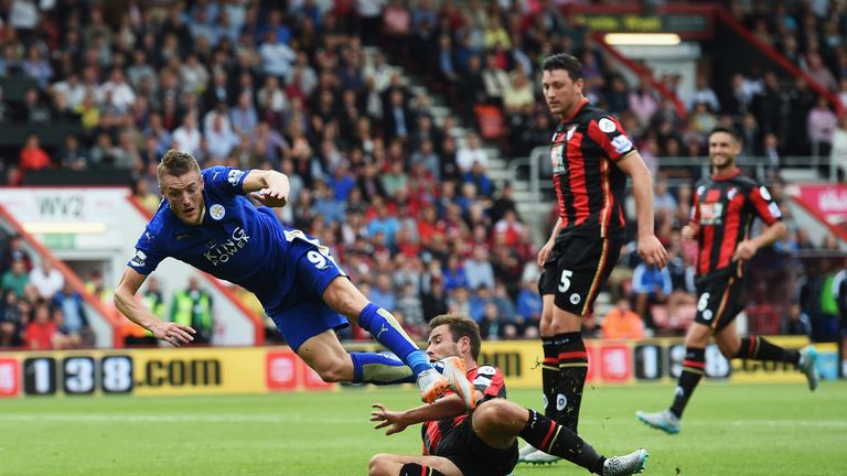 BOURNEMOUTH, ENGLAND - AUGUST 29:  Steve Cook of Bournemouth fouls Jamie Vardy of Leicester City resulting in a penalty during the Barclays Premier League 