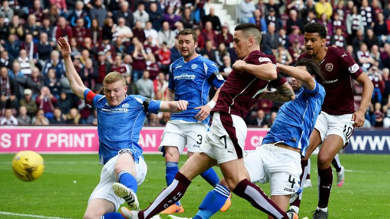 Jamie Walker follows-up on Osman Sow's penalty kick to score in Hearts v St Johnstone game