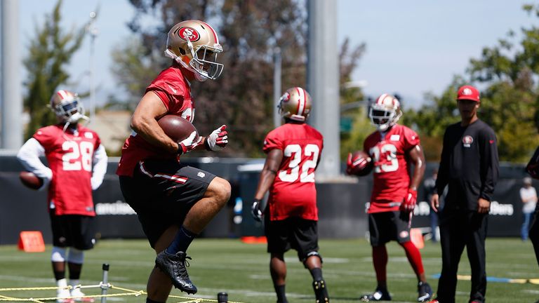 Jarryd Hayne #38 of the San Francisco 49ers participates in practice drills during a media opportunity at Levi's Stadium on Ap