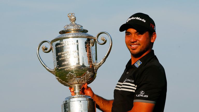 Jason Day of Australia poses with the Wanamaker trophy after winning the 2015 PGA Championship with a score of 20-under par