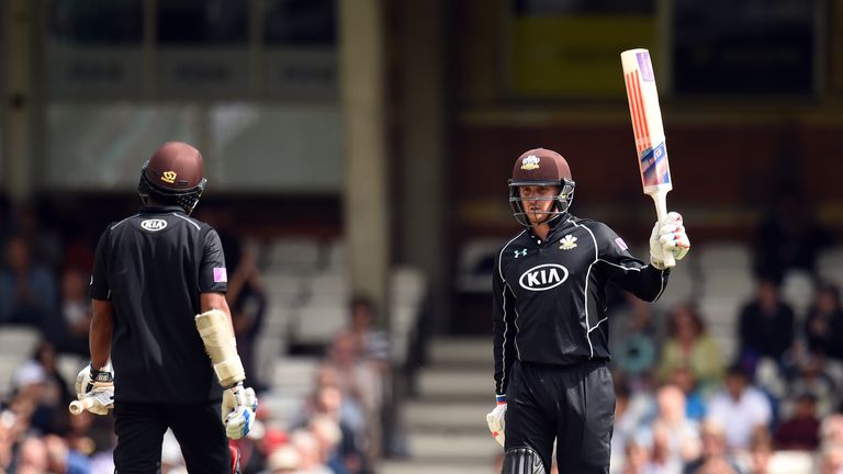 Jason Roy celebrates after reaching his 50 at The Oval