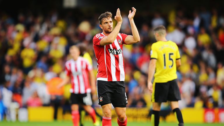 Jay Rodriguez of Southampton applauds the fans after the Barclays Premier League match between Watford and Southampton