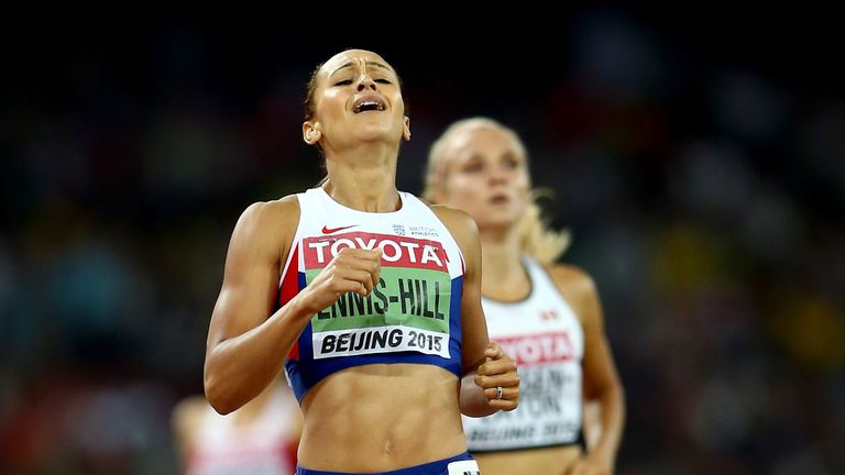 Jessica Ennis-Hill crosses the finish line to win the Women's Heptathlon 800 metres and the overall Heptathlo