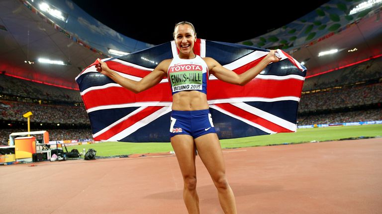 Jessica Ennis-Hill of Great Britain celebrates after winning the Women's Heptathlon 800 metres 