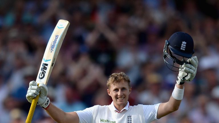 Joe Root celebrates his cebtury on day one of the fourth Ashes Test at Trent Bridge