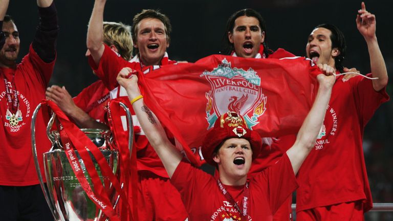 John Arne Riise celebrates victory following the Champions League final between Liverpool and AC Milan in 2005