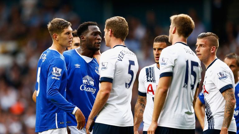 John Stones and Romelu Lukaku face off with Jan Vertonghen, Eric Dier and Toby Alderweireld during Tottenham v Everton in the Premier League