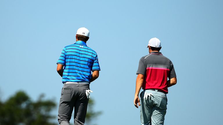 Jordan Spieth of the United States and Rory McIlroy of Northern Ireland walk together during the second round of the 2015 PGA Championship