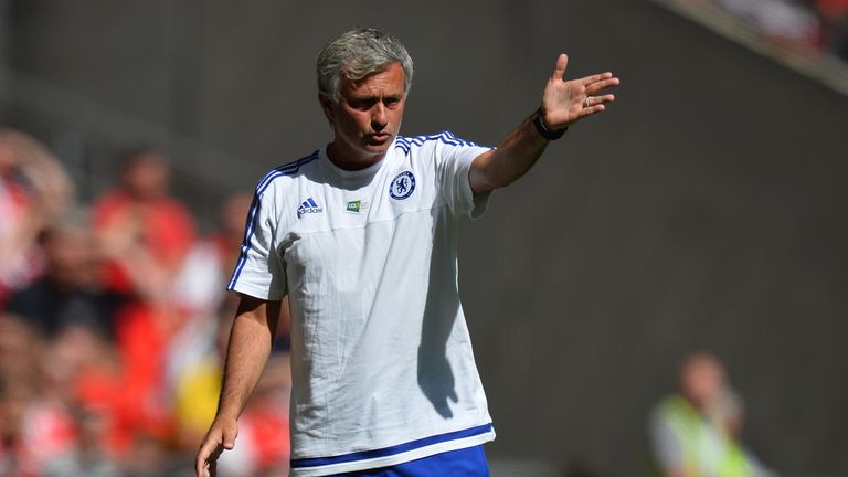 Chelsea's Portuguese manager Jose Mourinho gestures during the FA Community Shield football match between Arsenal and Chelsea at Wembley