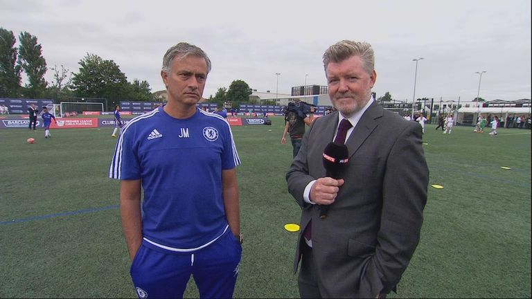 Jose Mourinho talks to Sky Sports' Geoff Shreeves at the Premier League launch at Southfields Academy