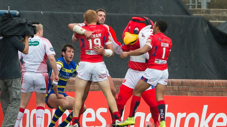 Hull KR's Josh Mantellato is congratulated by Kris Welham on scoring a try.
