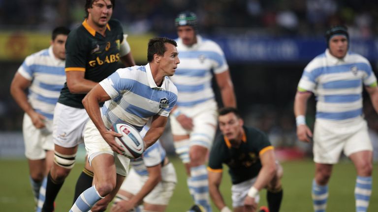 Argentina's Juan Imhoff clears the ball during the Rugby Championship Test match between South Africa and Argentina