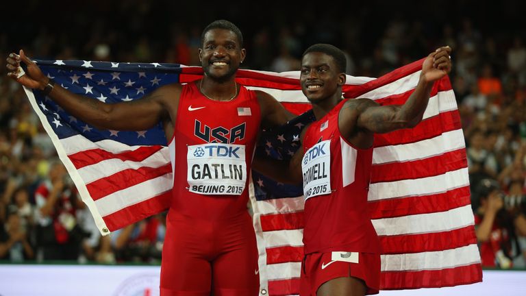 Justin Gatlin of the United States (L) and Trayvon Bromell