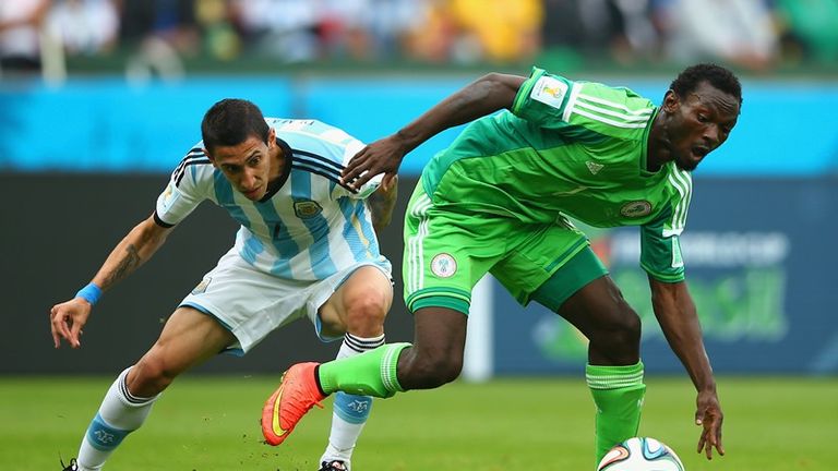 Juwon Oshaniwa, in action here for Nigeria against Angel di Maria of Argentina, has signed for Hearts. 