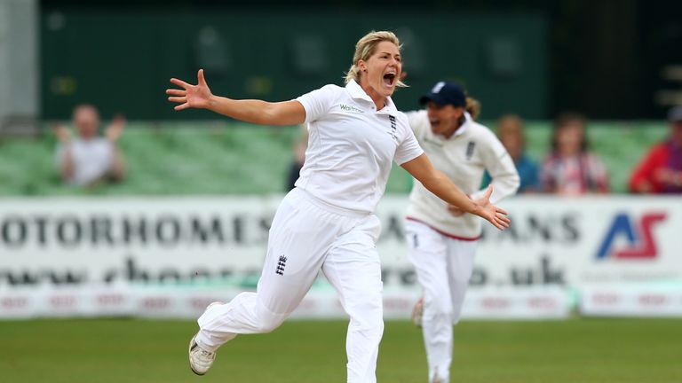 Katherine Brunt of England celebrates taking the wicket of Elyse Villani of Australia during day three of the Kia Women's Ashes Test