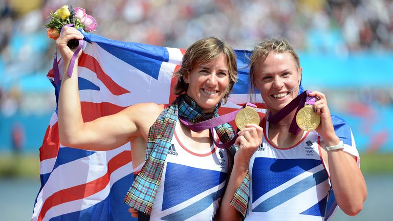 Anna Watkins (R) with Katherine Grainger after winning Gold at the London 2012 Olympics.