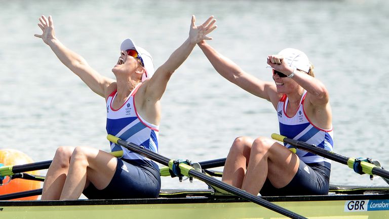 Anna Watkins (R) and Katherine Grainger celebrate winning gold at the London 2012 Olympic Games.