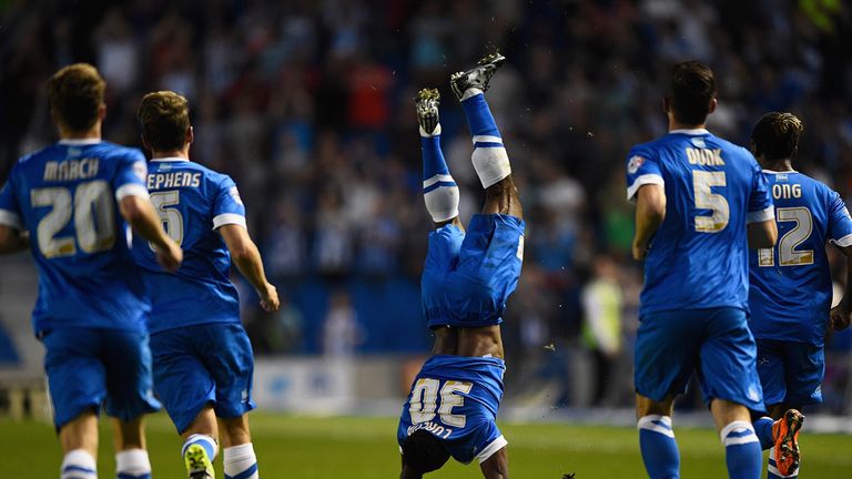 Kazenga LuaLua of Brighton celebrates after scoring the first goal of the season during the Sky Bet Championship match betw
